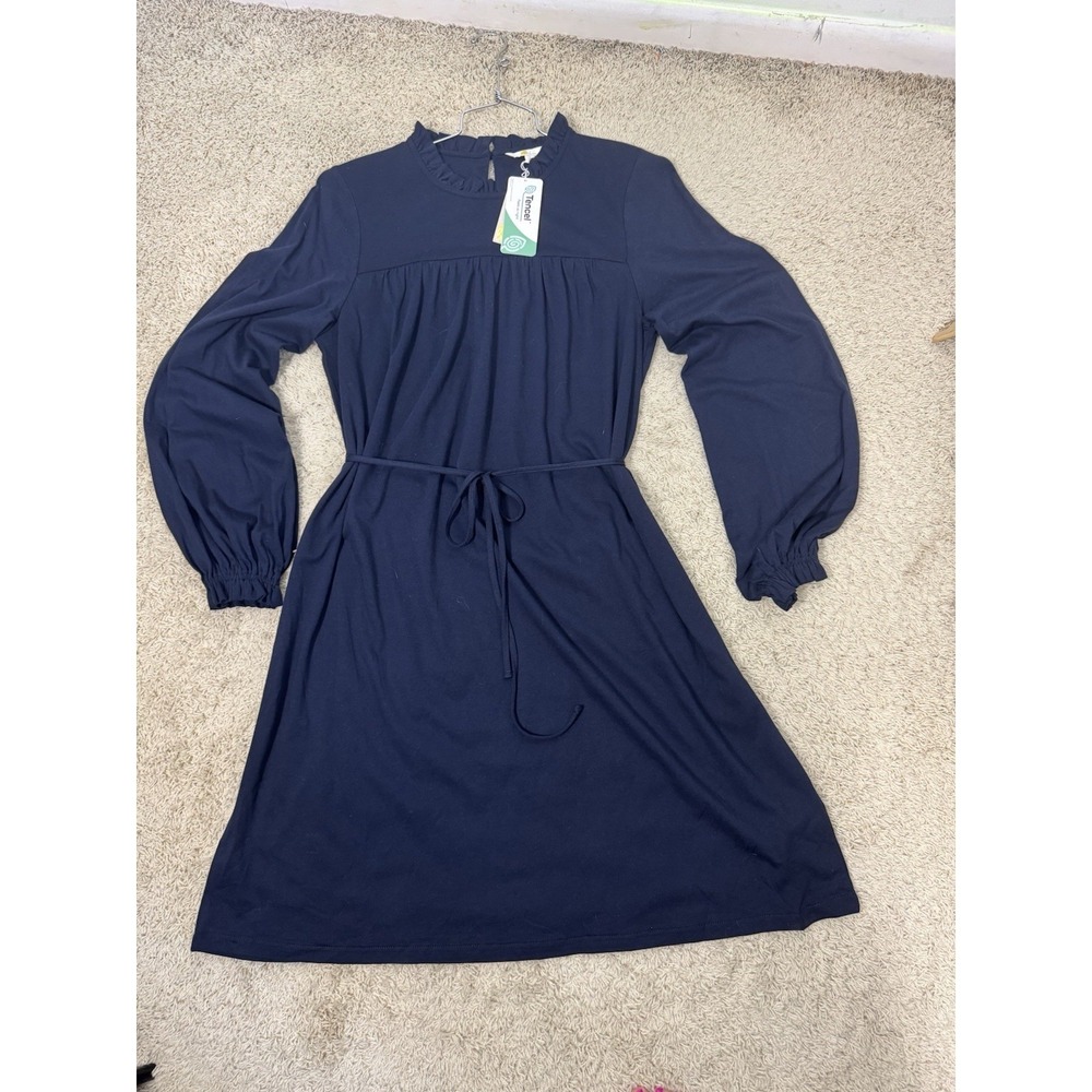 NWT Boden Navy Blue Easy Yoke Ruffle Trim Tie Waist Jersey Dress Women's 12L